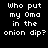 Black background with white pixelated text reading "Who put my Oma in the onion dip?" repeated side-by-side.