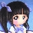 Pixelated anime-style character with black hair in a high ponytail, wearing a white and blue top against a light blue background.