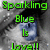 Pixelated image with green text reading "Sparkling Blue Is Love!!" over a blue and white object against gray background.