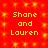Red background with yellow pixelated text 'Shane and Lauren' repeated four times in a pattern, surrounded by small yellow star-like shapes