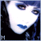 pixelated images showing a person with pale skin, dark blue hair, and bright blue lips against a black background