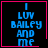 Four identical display blue pixelated text "I LUV BAILFY AND ME" on black background with pink borders; two include small symbols