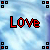 Pixelated 'Love' text in red and white on a blue cloud background with black-and-red corner squares.