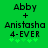 Green background displays text 'Abby + Anistasha 4-EVER' with pixelated green plus signs below, showing animation change in plus sign positions.