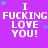 Purple background with white text reading "I FUCKING LOVE YOU!" and scattered blue stars, animated with star position changes.