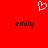 Red background with white pixelated heart symbol above two black text instances of 'emily' in lowercase.