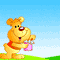 Pixelated cartoon bear in two poses against blue sky, holding pink object and reaching for floating smiley face icons.