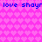 Pixelated pink background with repeating heart pattern and blue text reading 'love shayr' in two horizontal bands.