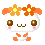 Two pixelated white characters with brown eyes, pink cheeks, and orange limbs stand side-by-side, each wearing a flower crown with orange and yellow flowers.