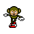 Pixel art character with green hair, brown skin, white gloves, and red shoes on a gray background.