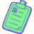Green clipboard with blue border and pixelated lines, tilted slightly right on gray background.
