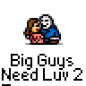 Pixel art contact sheet showing three frames of an animated buddy icon with a couple embracing and text bubbles changing between frames.