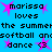 Pixelated blue background with repeated text and pink starbursts, showing 'marissa loves the summer softball and dance' in black block letters.