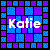 Pixelated grid of blue and purple squares with white text reading 'Katie' overlaid on the center.