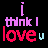 Pixelated text displays "i think I love u" in six color variations across two on a black background, with each variation using distinct hues for the letters