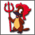 Pixelated cartoon character with brown body, red hair, and yellow belly holding a red trident-like weapon.