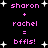 Pixelated pink text on black background with white stars, showing 'sharon + rachel = bffls!' in two identical vertical