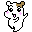 Pixel art character with white body, brown ears, pink cheeks, and black eyes in multiple poses on gray background.