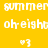Pixelated yellow background with white text 'summer', 'oh-eight', and a heart symbol in two color variations.