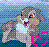 Pixelated cartoon character with gray fur, large eyes, and a pink heart symbol on blue-green gradient background.