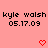 Pixelated text displays 'kyle walsh' and '05.17.09' in two identical side-by-side sections on a solid pink background, with red pixel hearts below each section.