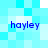 Pixelated blue text 'hayley' appears in four positions on a light blue background with white and cyan squares