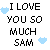 Pixelated text and light blue heart icons arranged in a , displaying variations of 'I LOVE YOU SO MUCH SAM', '9/21/05 ALWAYS + FOREVER' with animated heart positions