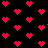 Red pixelated hearts on black background with scattered small pink dots and partial heart fragments.