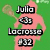 Green background with pink silhouette holding lacrosse stick, text 'Julia', '33', 'Lacrosse', '#32' in black and white pixelated font.