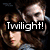 A four- displays characters with overlaid text: 'Twilight!', 'Edward Cullen!!', and 'Bella Swan!!!' in pixelated white font on black backgrounds