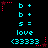 Pixel art icon with cyan text and red star accents on black background, displaying repeated 'b + b + s = love <3333' text in