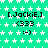Green background with white star pattern, repeated text and symbols in black and white.