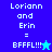 Pixelated text and star symbols on blue and cyan backgrounds with 'Loriann and Erin = BFFFL!!!' text.