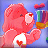 Static pixel art of a pink Care Bear holding a heart-shaped object against a blue background with floating hearts and a rainbow-colored structure.