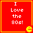 Red square with yellow border containing white text "I Love the 80s!" and a yellow Pac-Man icon in bottom-right corner.