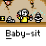 Pixel art animation frames showing a yellow stick figure with white head holding pink object near small gray robot on brown platform, repeated across contact sheet layout.