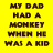 Yellow background with pixelated brown text and a cartoon monkey holding an object.