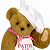 Brown teddy bear wearing white towel on head and pink apron with 'STOP' text, standing against split background of white and dark green.