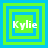 Four square display the name 'Kylie' in white pixelated text over layered green and blue squares, with varying square layer counts per