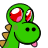 Green cartoon dinosaur with large red eyes, pink inner eye details, black pupils, brown spines along its back, and a pink tongue sticking out.