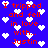 Blue background with red text reading 'I tripped and fell in love with... Justin' surrounded by white pixelated hearts, animated heart positions shift across frames.