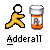 Pixelated icon shows yellow stick figure with white head and black outline next to orange-and-white bottle with brown label, below text 'Adderall' in blocky font.
