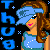 Pixel art contact sheet showing three frames of an animated icon featuring a woman with brown hair, blue visor, and teal top against a black background with blue text.