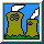 Pixelated cartoon scene with two green smokestacks on blue background, emitting white or red-and-yellow pixelated smoke