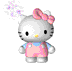 Pixelated cartoon cat avatar in pink overalls with blue sleeves, pink bow on head, turning through six views with colored particle effects.