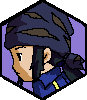 Pixel art contact sheet of four animated frames showing a character with dark hair, blue jacket, and brown-and-blue headscarf in various poses against purple background.