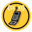 Two circular yellow icons with black borders show a gray flip phone; left icon has white signal waves above phone, right icon has no signal waves.