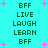 Cyan background with pink plus signs and green text reading BFF, LIVE, LAUGH, LEARN in vertical