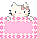 Pixel art of a white cat with pink bow, green accents, and pink heart border on gray background.