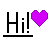Static pixel art displays 'Hi!' text with a heart symbol in multiple color variations against a gray background.